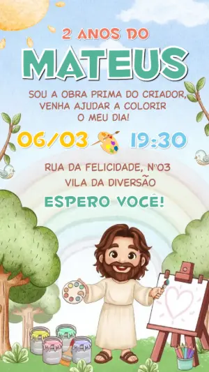 Convite de Aniversário Jesus Pintor Colorido para Editar