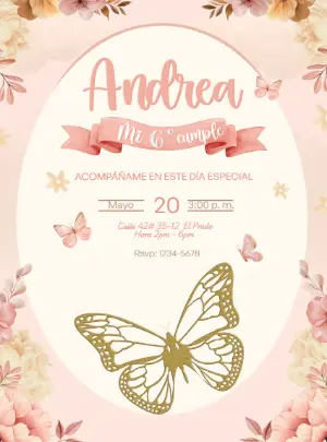 Invitación de Cumpleaños Mariposas y Flores Rosas para Editar