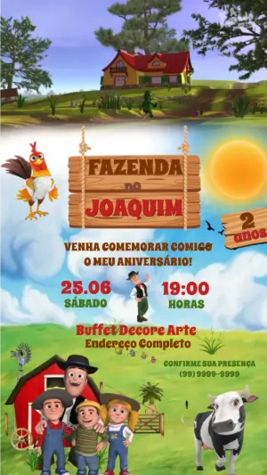 Convite Animado Aniversário Fazendinha do Zenon para Editar e Enviar