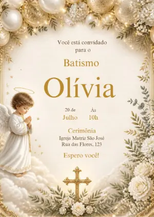 Convite de Batismo Anjinho Dourado e Branco Editável