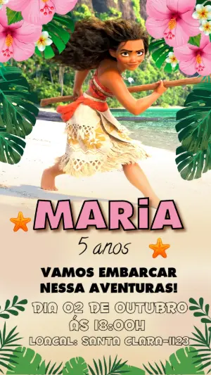 Convite de Aniversário Moana Tropical para Editar