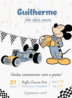 Convite de Aniversário Mickey Corrida para Editar e Enviar