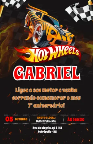 Convite de Aniversário Hot Wheels Laranja e Preto para Editar