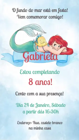 Convite de Aniversário Pequena Sereia Aquarela para Editar