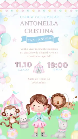 Convite Aniversário Circo Rosa com Animais para Editar Online
