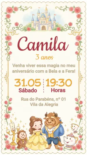 Convite de Aniversário A Bela e a Fera Delicado para Editar