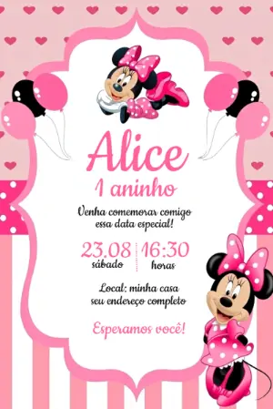 Convite de Aniversário Minnie Rosa Editável para Menina