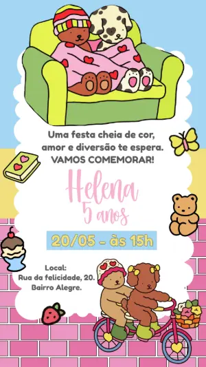 Convite de Aniversário Fofo Estilo Bobbie Goods para Editar