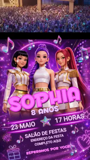 Convite Animado de Aniversário guerreiras do K-pop para Editar