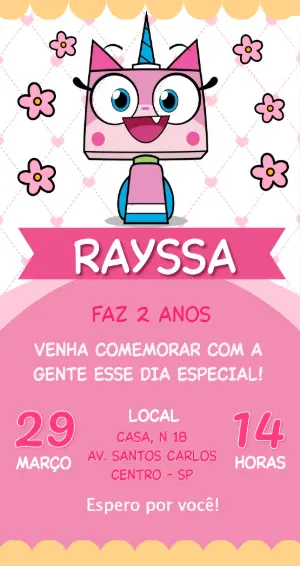 Convite de Aniversário Unikitty Rosa e Colorido para Editar