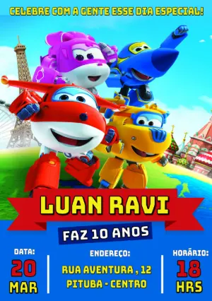 Convite de Aniversário Super Wings Colorido para Editar