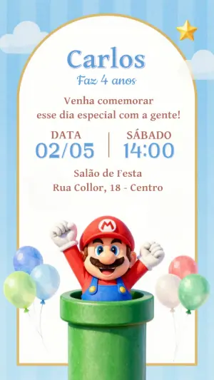 Convite de Aniversário Super Mario Infantil Editável