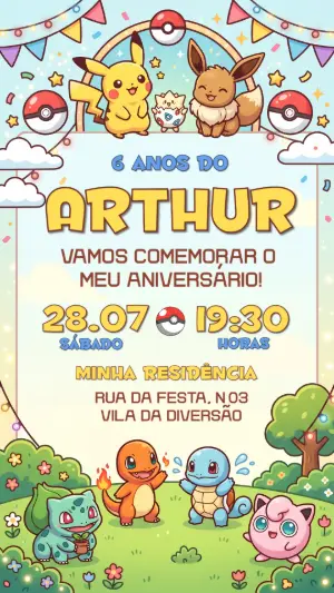 Convite de Aniversário Pokémon: Modelo Infantil Editável com Pikachu