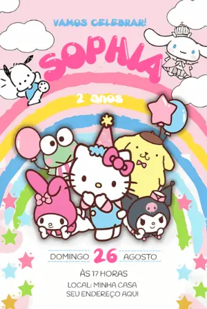 Convite de Aniversário Hello Kitty e Amigos para Editar Online