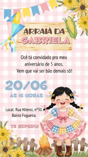 Convite Festa Junina Menina Caipira Editável para Aniversário