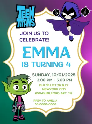 Editable Teen Titans Birthday Invitation with Raven & Beast Boy
