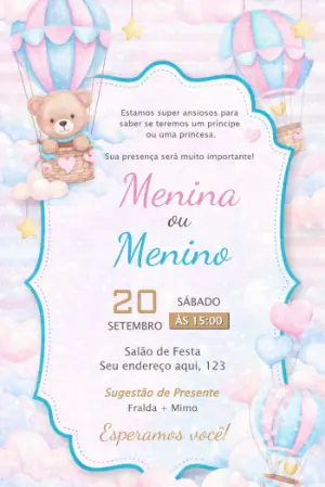 Convite Chá Revelação Ursinho Baloeiro Editável