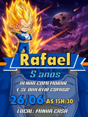 Convite de Aniversário Vegeta Dragon Ball Modelo Editável