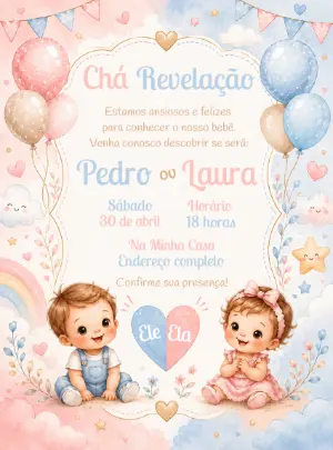 Convite Chá Revelação Aquarela com Bebês para Editar