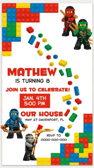 Editable Ninja & Bricks Birthday Party Invitation