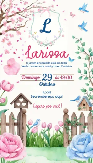 Convite de Aniversário Jardim Encantado Aquarela Editável