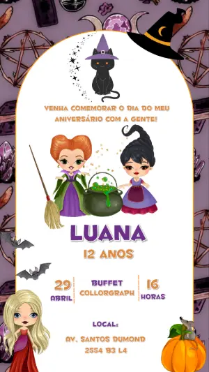 Convite de Aniversário Bruxinha Mágica para Editar Online