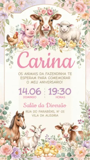 Convite de Aniversário Fazendinha Menina Aquarela Editável