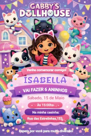 Convite de Aniversário Gabby's Dollhouse Colorido Editável