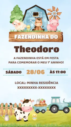 Convite Aniversário Fazendinha com Animais Fofos para Editar