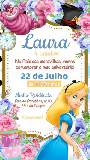 Convite de Aniversário Alice no País das Maravilhas Editável