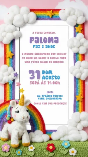 Convite Aniversário Amigurumi Unicórnio para Editar Online