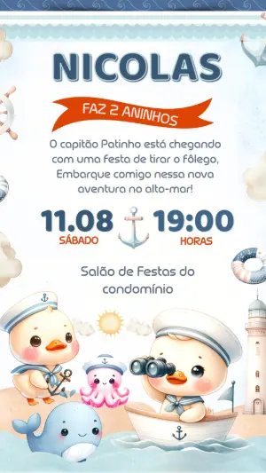 Convite Aniversário Patinho Marinheiro para Editar Online