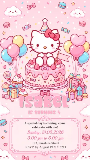 Cute Hello Kitty Birthday Invitation | Editable Template