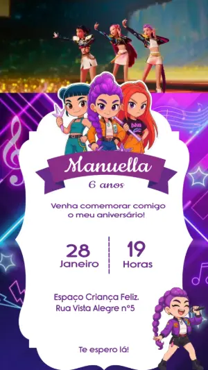 Convite Animado Aniversário Guerreiras do Kpop para Editar