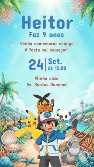 Convite de Aniversário Pokémon na Praia: Modelo Digital Editável