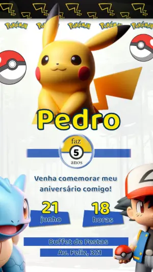 Convite de Aniversário Pokémon com Pikachu para Editar Online