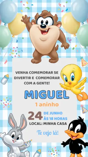 Convite de Aniversário Baby Looney Tunes Azul Editável
