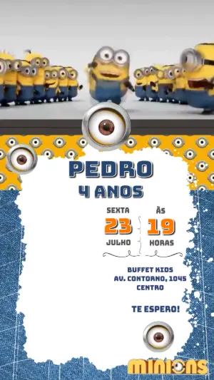 Convite Animado Aniversário Minions para Editar Online