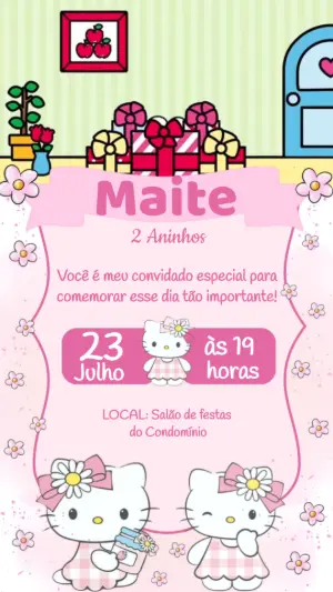 Convite Animado Aniversário Hello Kitty para Editar Online