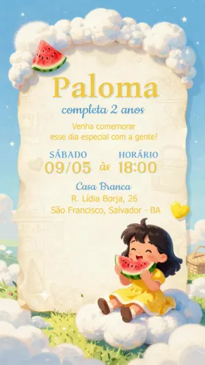 Convite de Aniversário Menina com Melancia Editável