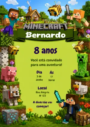 Convite de Aniversário Minecraft Editável para Festa Infantil