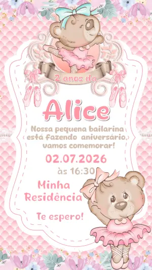 Convite de Aniversário Ursinha Bailarina Rosa para Editar