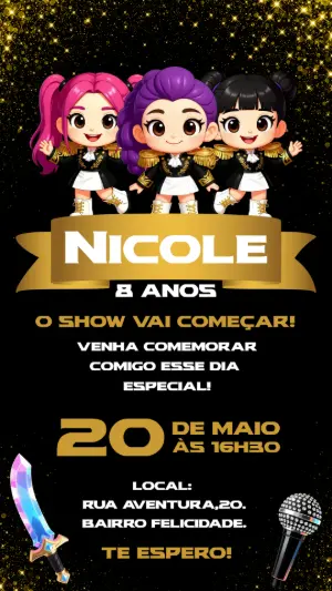 Convite de Aniversário Guerreiras K-Pop para Editar Online