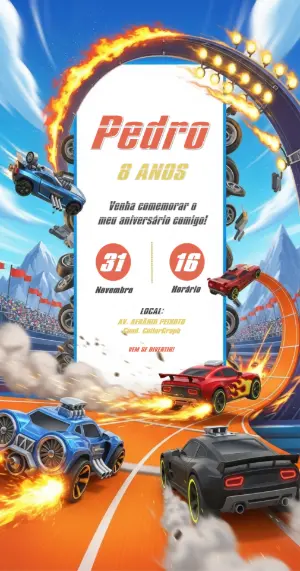 Convite Aniversário Carros de Corrida Radical para Editar Online
