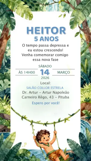 Convite de Aniversário Infantil Selva Aquarela para Editar