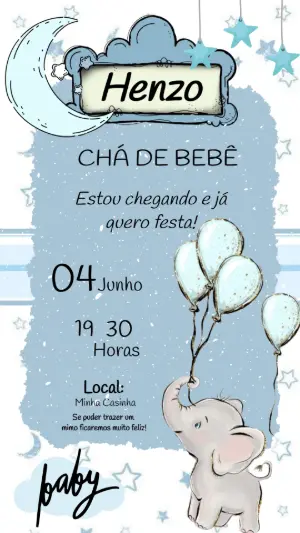 Convite Chá de Bebê Elefantinho Azul Modelo Editável