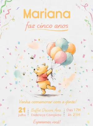 Convite de Aniversário Ursinho Pooh Aquarela Editável