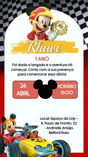 Convite de Aniversário Mickey Piloto de Corrida Editável