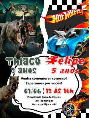 Convite Aniversário Duplo Dinossauro e Hotwheels para Editar