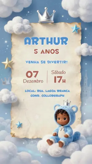 Convite de Aniversário Urso Príncipe no Céu para Editar